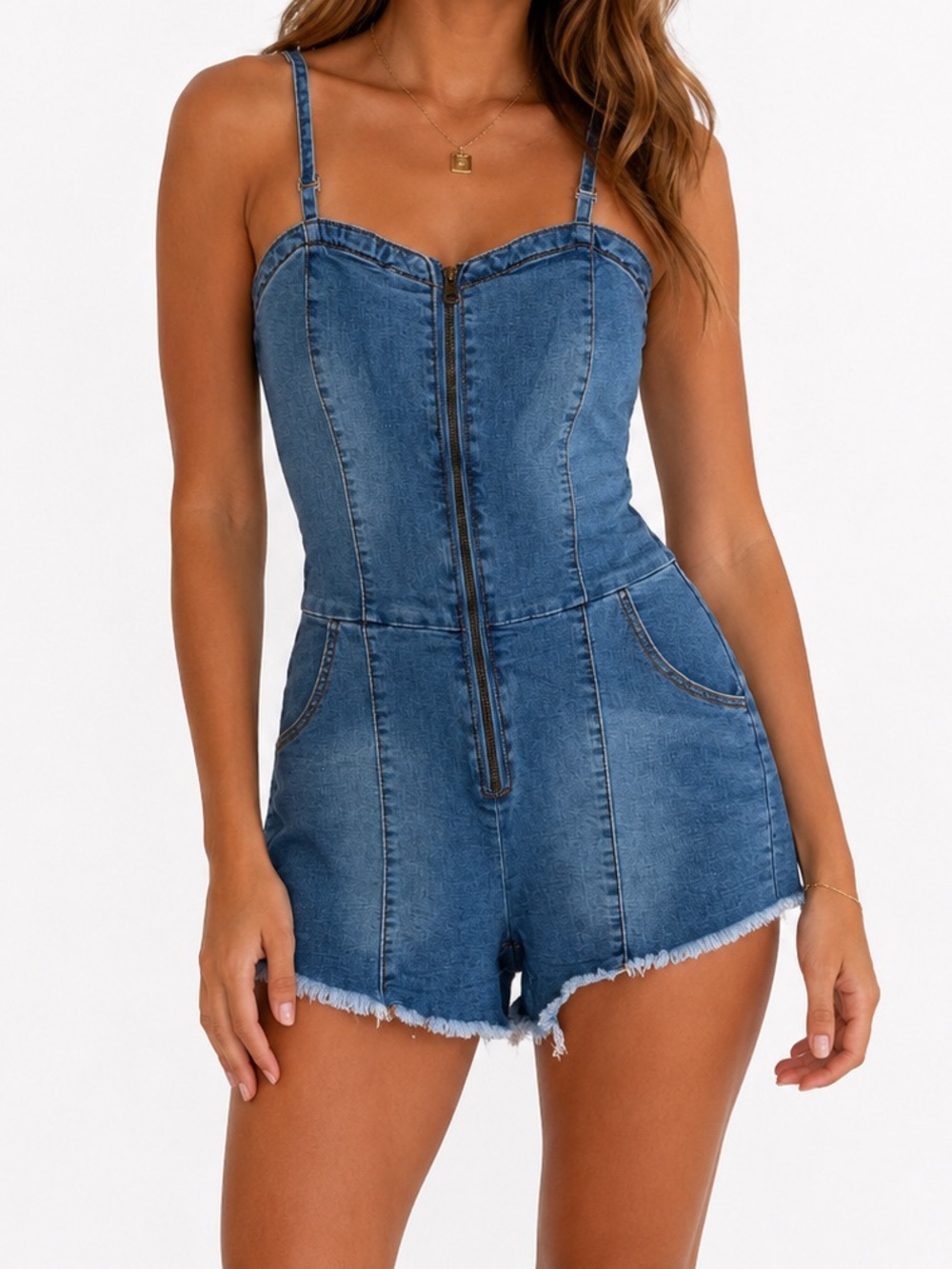 Fashion Nova Blue Denim Zip-Front Romper
